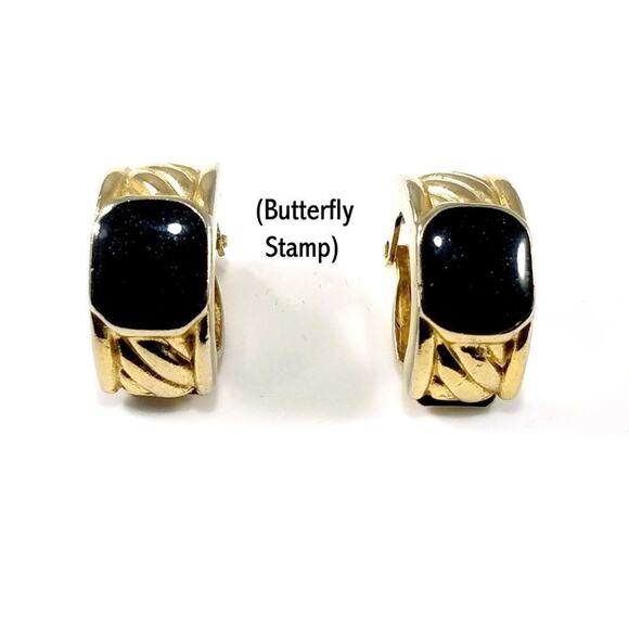 Weekender Gold Tone Clip Earrings Black Lucite Stones Butterfly Mark Vintage - Picture 10 of 10